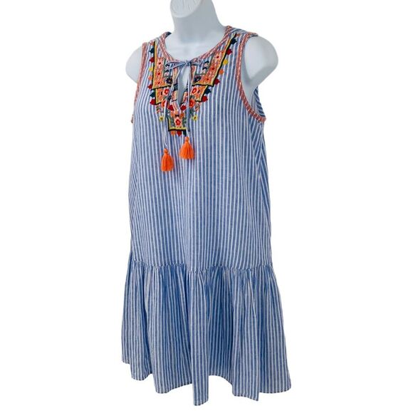 Beach Lunch Lounge Pin Strip Embroidered Cotton Linen Blend Drop Waist D… - Picture 13 of 14